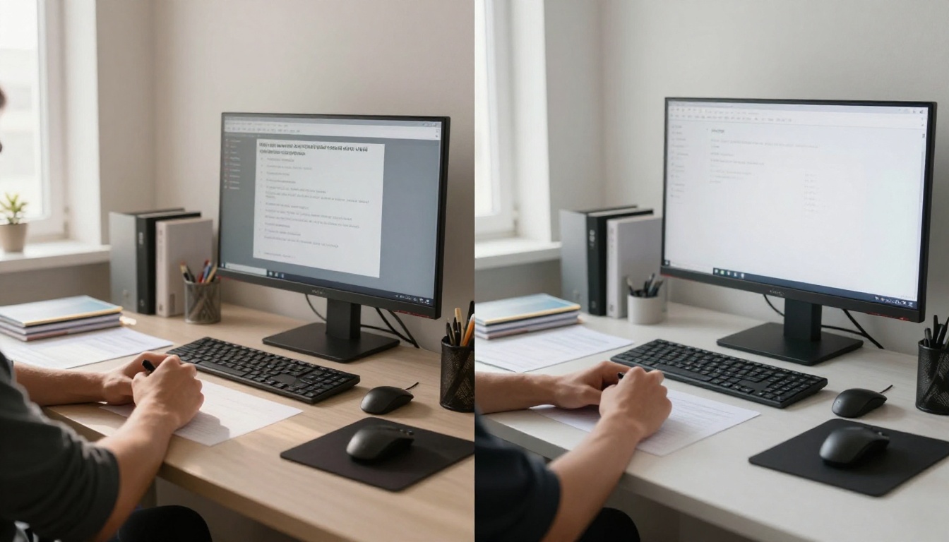Split-view comparison of a cluttered desk workspace versus a clean minimal workspace setup