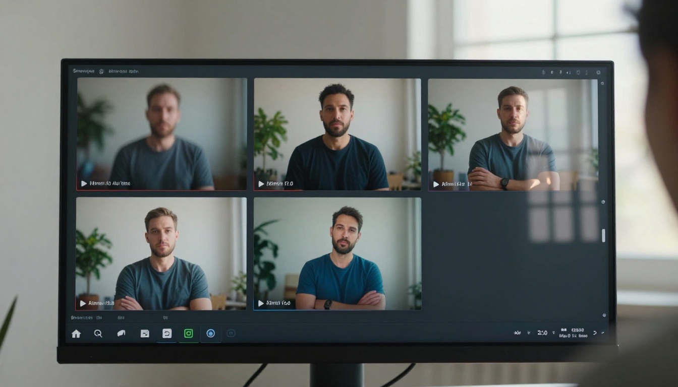 A man studying three side-by-side AI video interfaces displayed on a large monitor