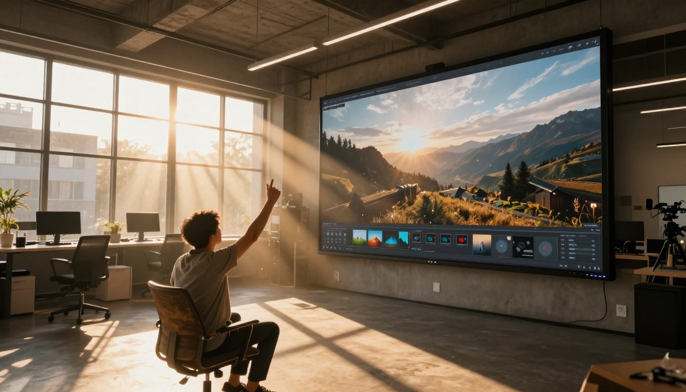 Filmmaker reviewing a polished finished AI video in a professional studio with golden hour light