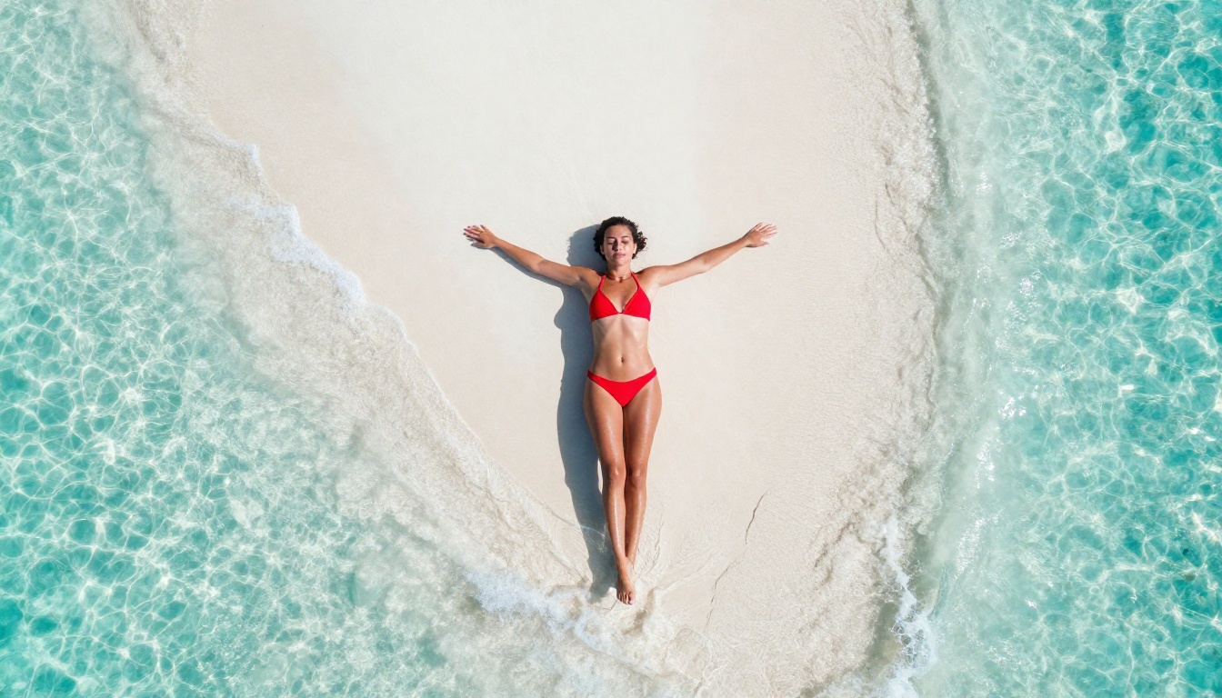 Aerial beach shot woman in red bikini turquoise water Aerial beach shot woman in red bikini turquoise water