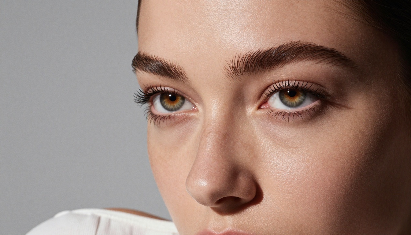 Close-up beauty portrait of woman with hazel eyes, dramatic Rembrandt lighting, visible skin texture