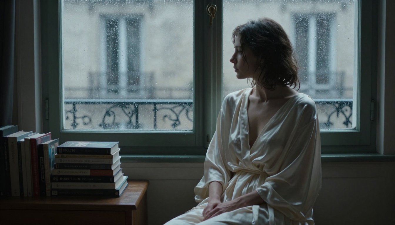 Artistic portrait of woman in silk robe beside rain-streaked Paris apartment window