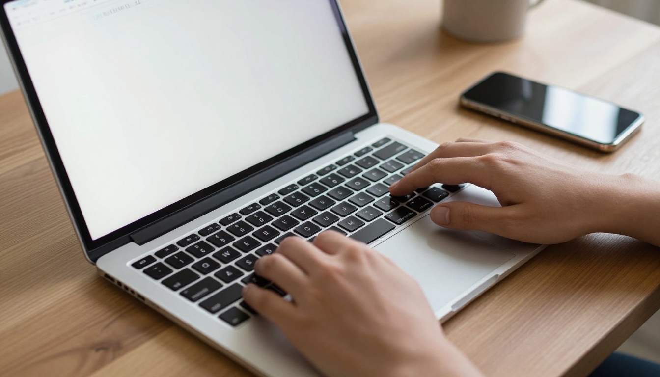 Person with hands on laptop keyboard using AI generation interface, natural window light
