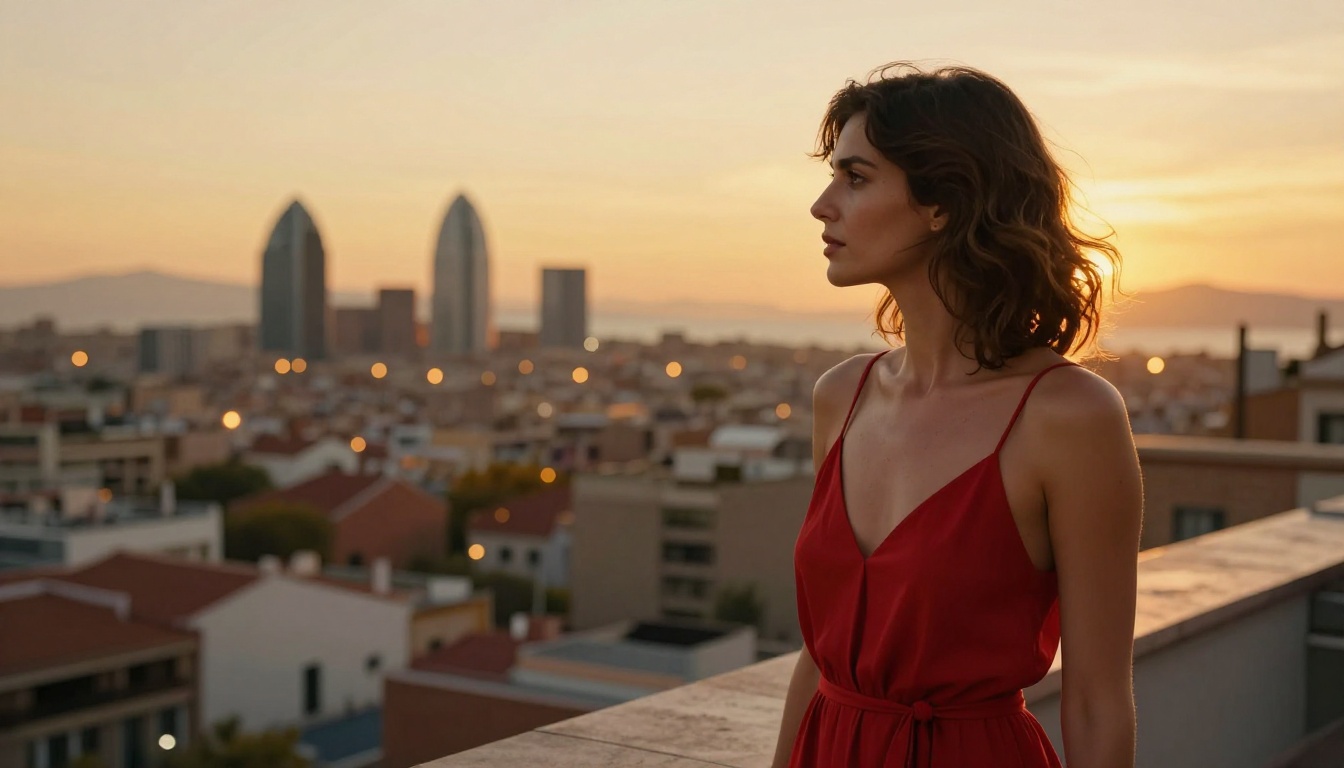 Woman in red slip dress on Barcelona rooftop at golden hour, city skyline and sea in soft focus behind her