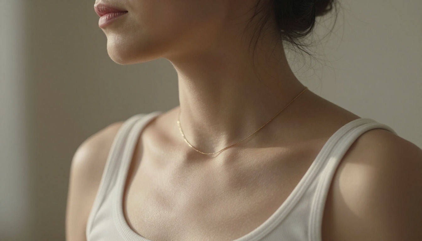 Side profile close-up of woman in white tank top, collarbone in sharp focus, soft window light from left