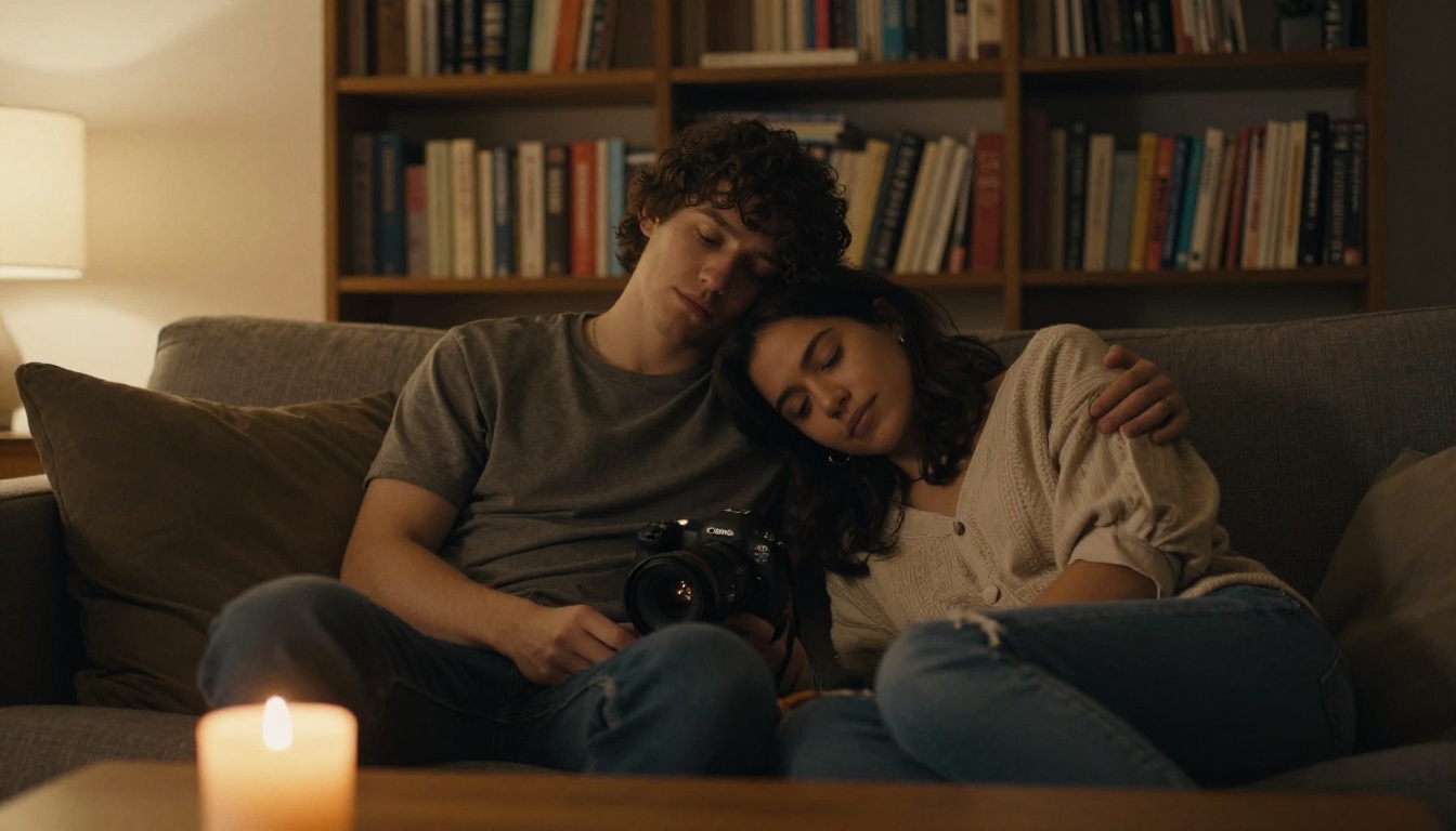 Two people sitting closely together on couch in warmly lit living room, intimate romantic atmosphere, candlelight