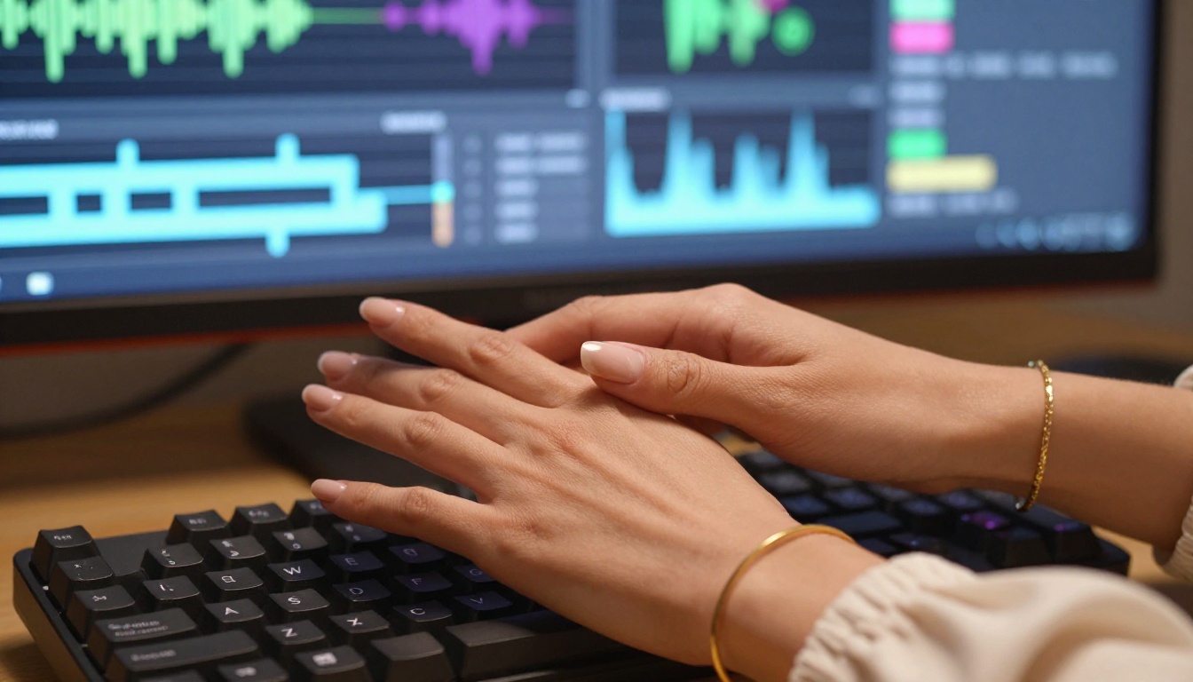 Hands typing on keyboard with AI video interface panels visible on background monitors