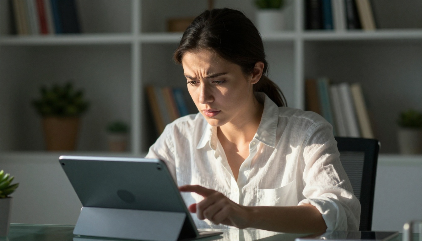 Woman studying a tablet screen with focused expression at glass desk