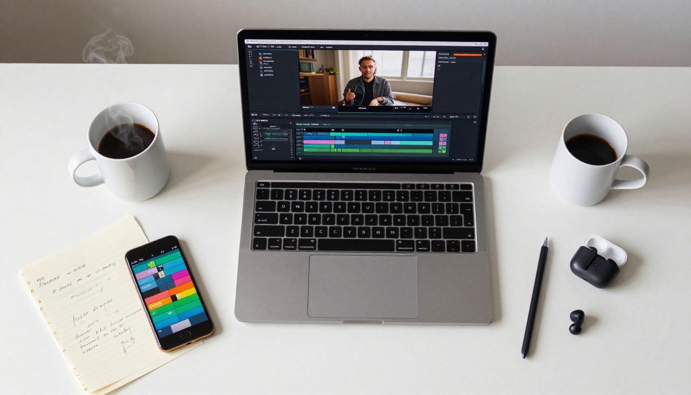 Overhead aerial flat-lay of minimalist video editing workspace with laptop and notes