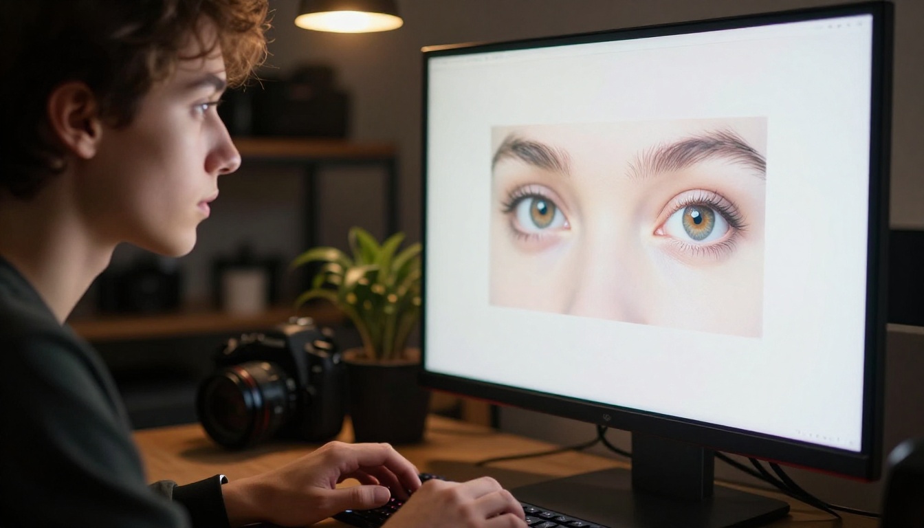 Woman leaning toward monitor in amber-lit creative studio environment