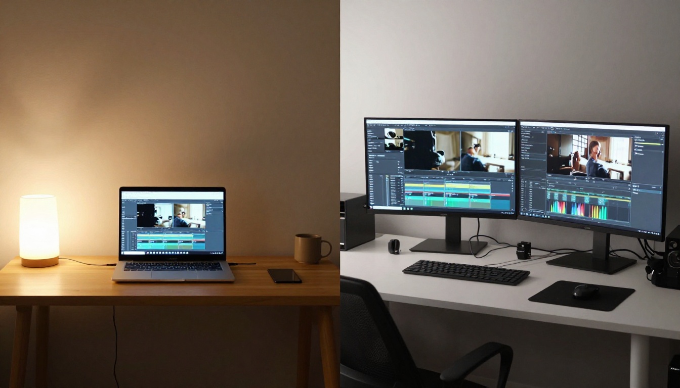 Desktop split composition showing minimal setup versus professional dual-monitor studio