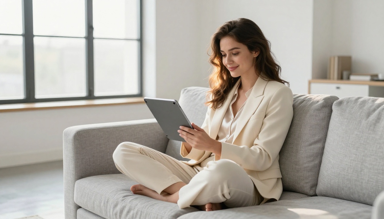 Stylish woman sitting on linen sofa browsing PicassoIA platform on iPad Pro