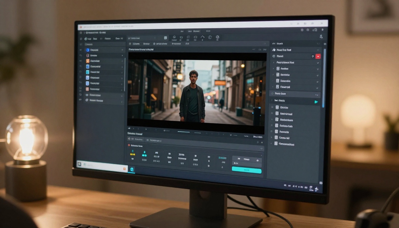 AI video generation interface on dual monitors with dark-themed UI and cinematic preview frame