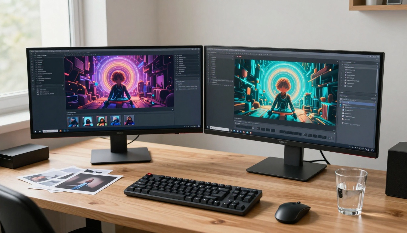 Minimalist workspace aerial view with dual curved monitors showing AI video frames, wood desk, keyboard, and scattered reference photos
