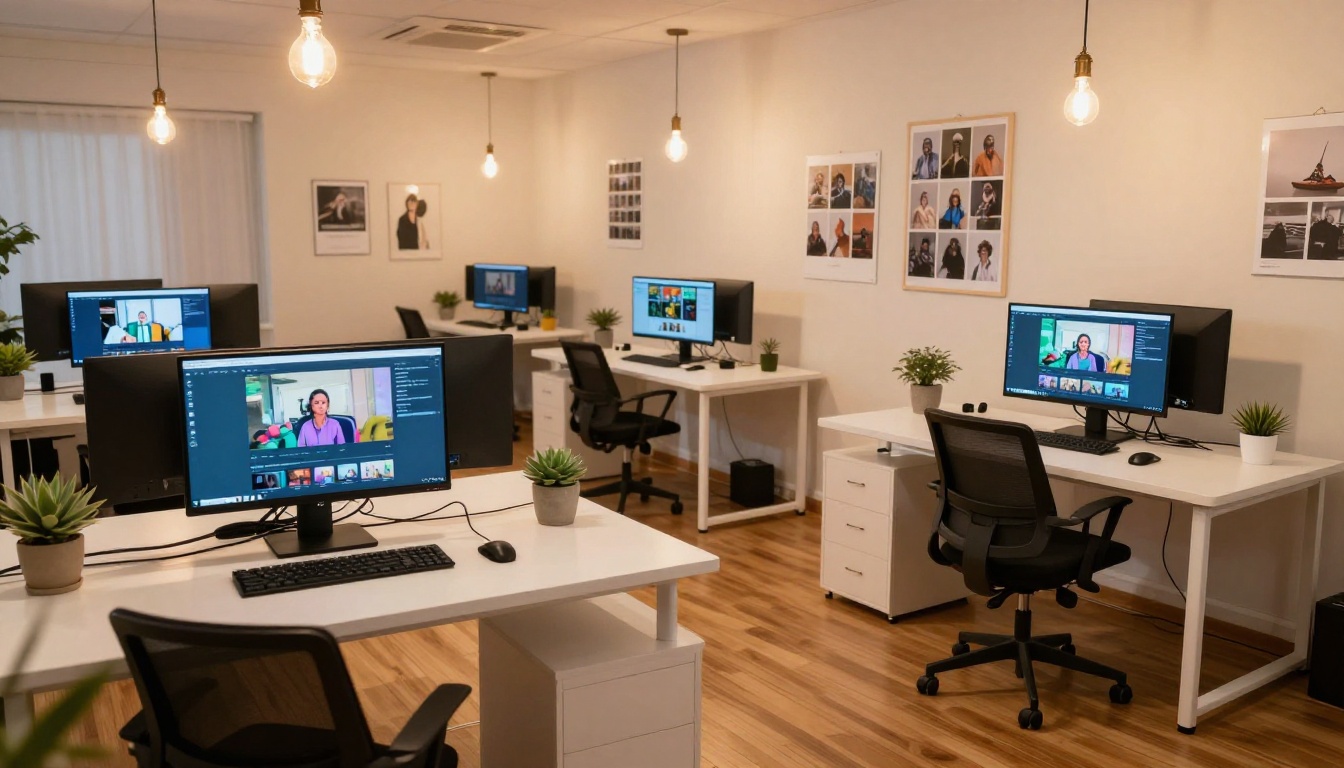 Modern content creation studio with multiple workstations, Edison bulb lighting, and AI video outputs on monitors
