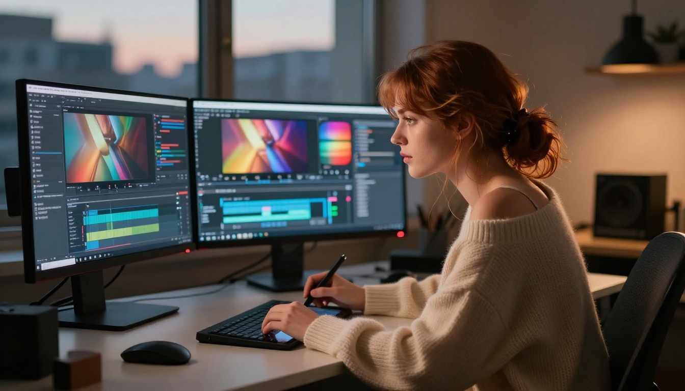 Young creative woman working with AI video generation tools on multiple monitors Young creative woman working with AI video generation tools on multiple monitors