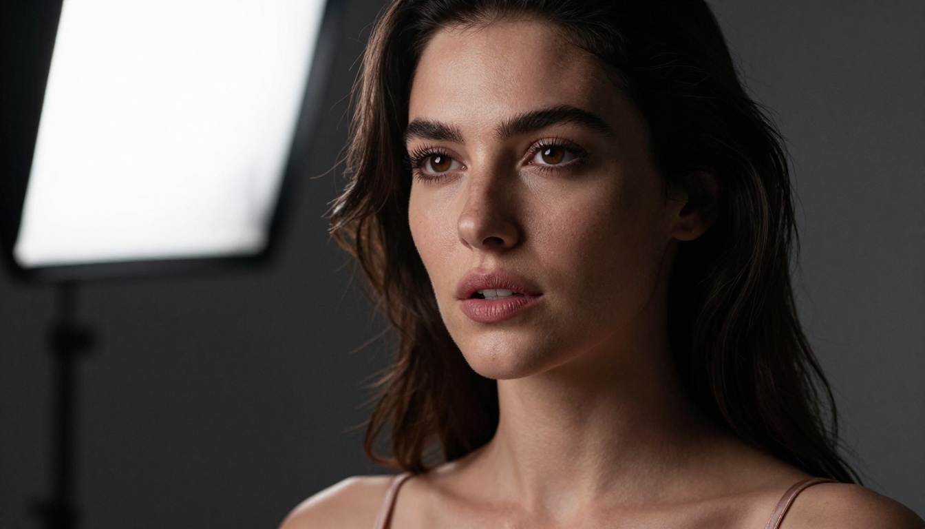 Dramatic close-up portrait with chiaroscuro lighting and realistic skin texture detail Dramatic close-up portrait with chiaroscuro lighting and realistic skin texture detail