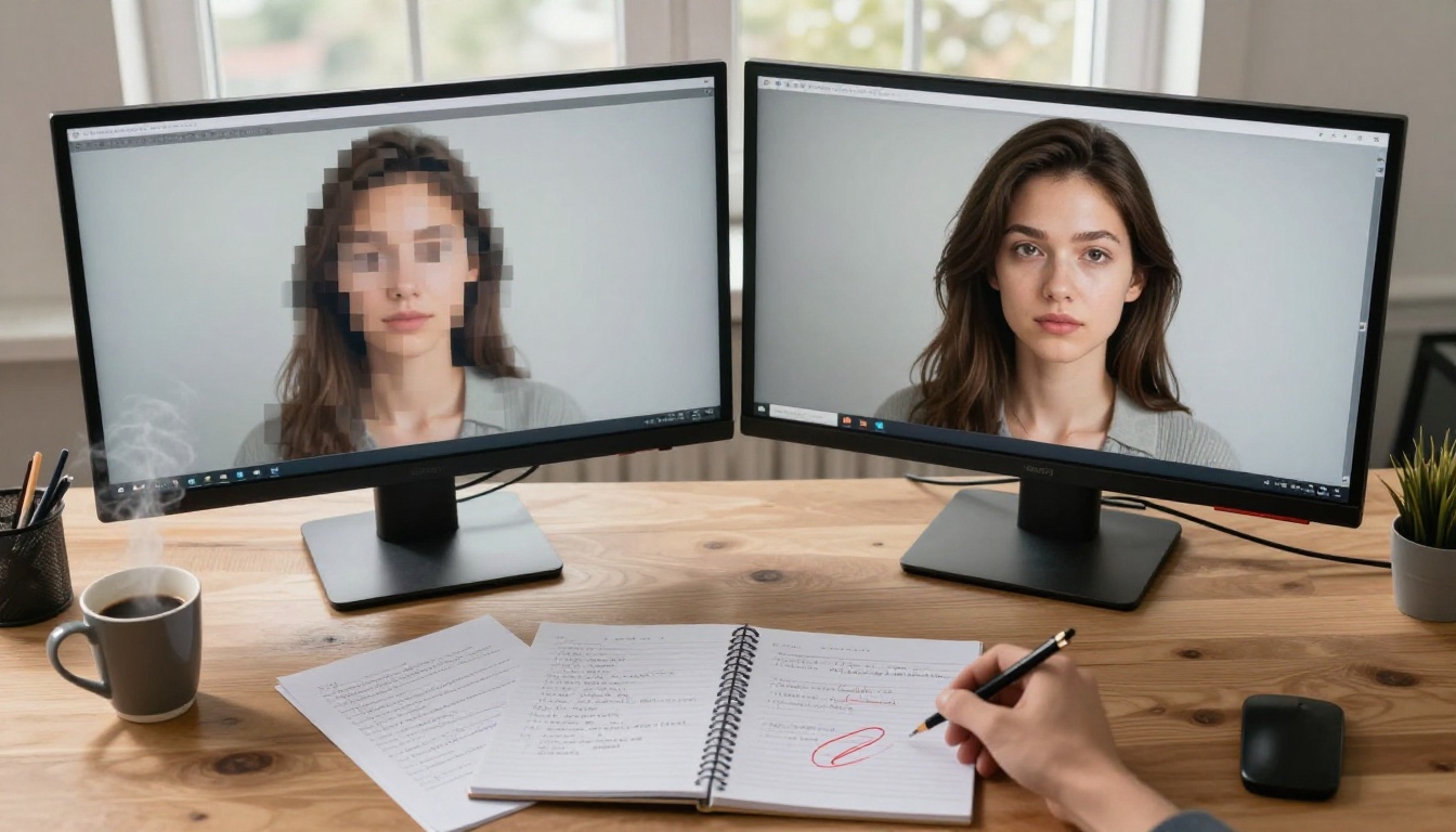 Dual monitor setup showing censored vs realistic AI video output comparison Dual monitor setup showing censored vs realistic AI video output comparison