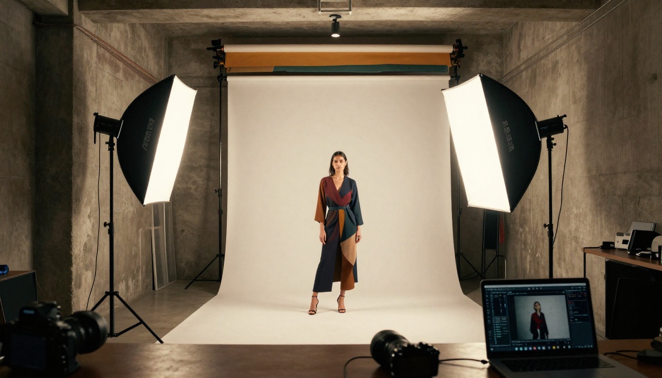 Professional photography studio interior with model and AI generation setup Professional photography studio interior with model and AI generation setup