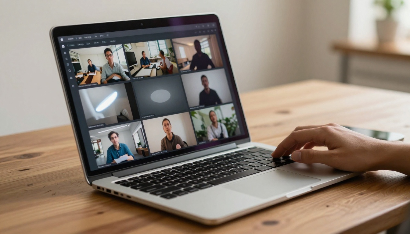 AI video generation interface on laptop in warm office light