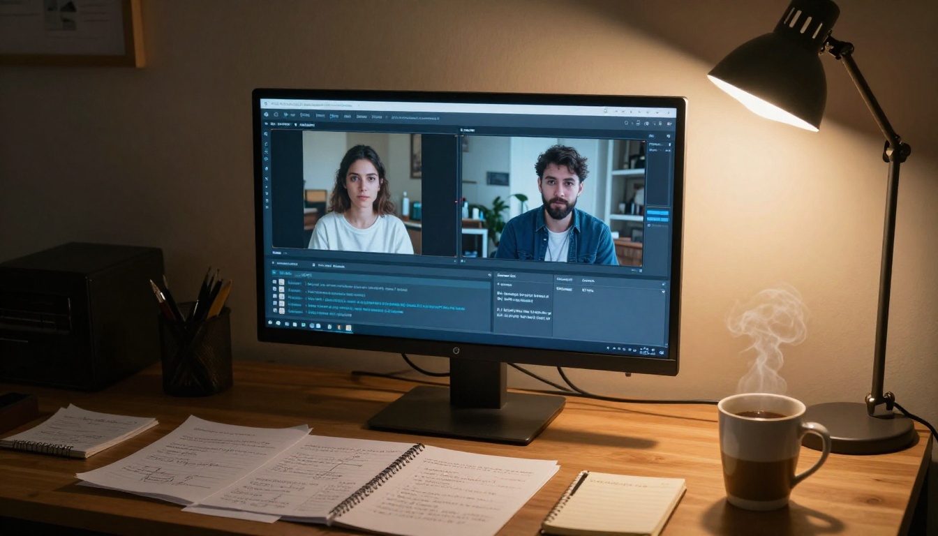 Monitor showing side-by-side AI video frame comparisons in studio workspace