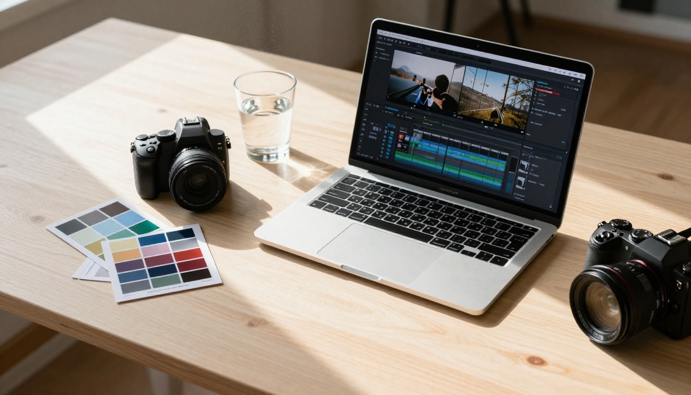 Overhead flat-lay of AI creative workspace with laptop camera and reference cards