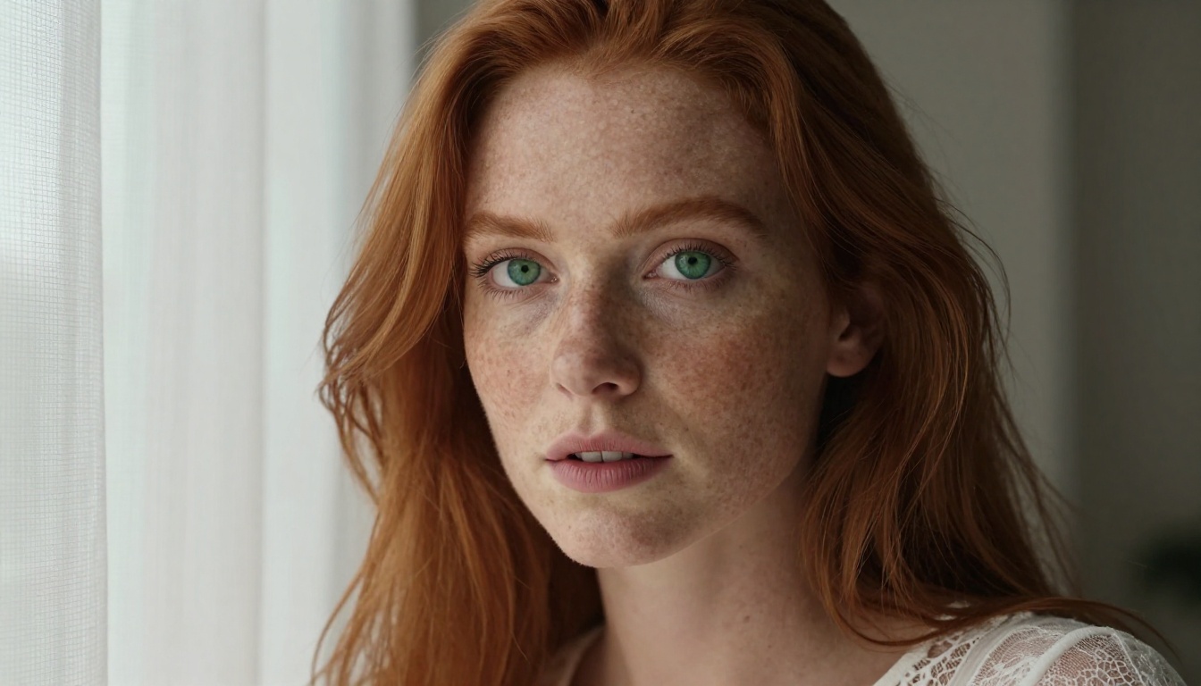 Close-up portrait of a red-haired woman with freckled skin bathed in soft morning light