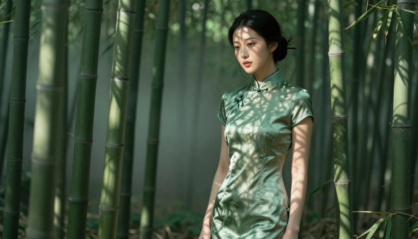 Slender woman in a silk qipao standing in a bamboo forest with dappled green light