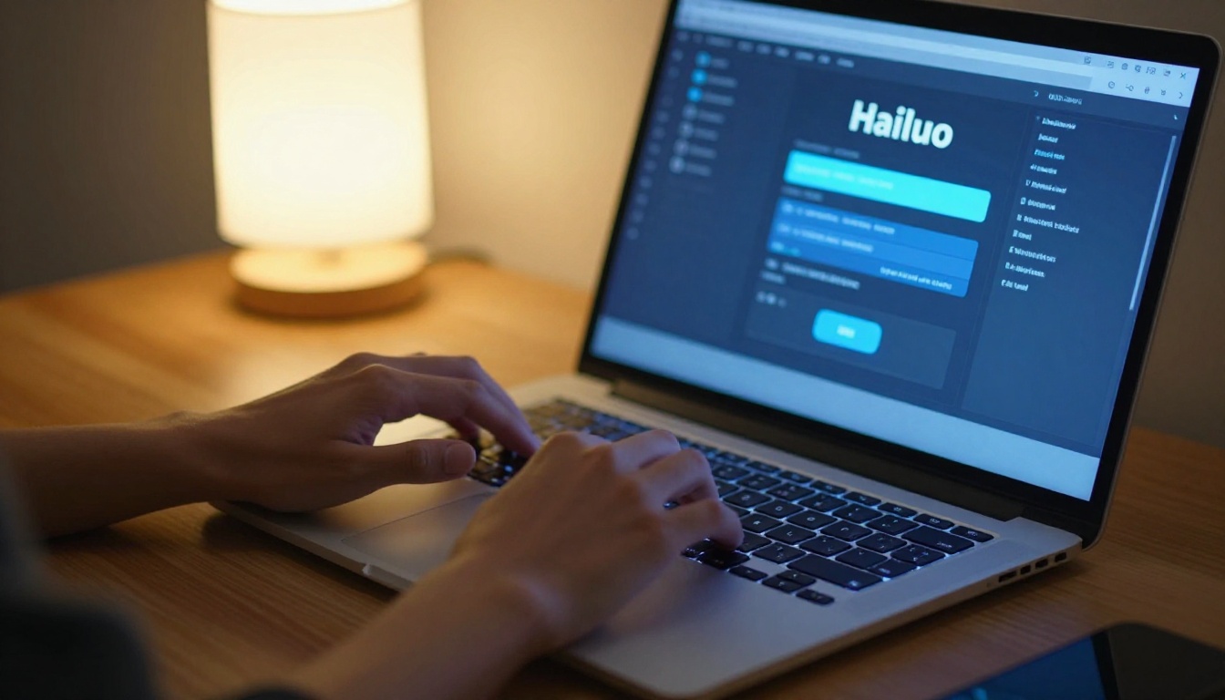 Close-up of hands typing on a laptop showing an AI video generation interface