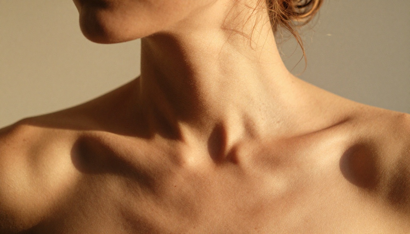 Photorealistic close-up of a woman's bare shoulders and collarbone with warm golden afternoon light and natural skin texture Photorealistic close-up of a woman's bare shoulders and collarbone with warm golden afternoon light and natural skin texture