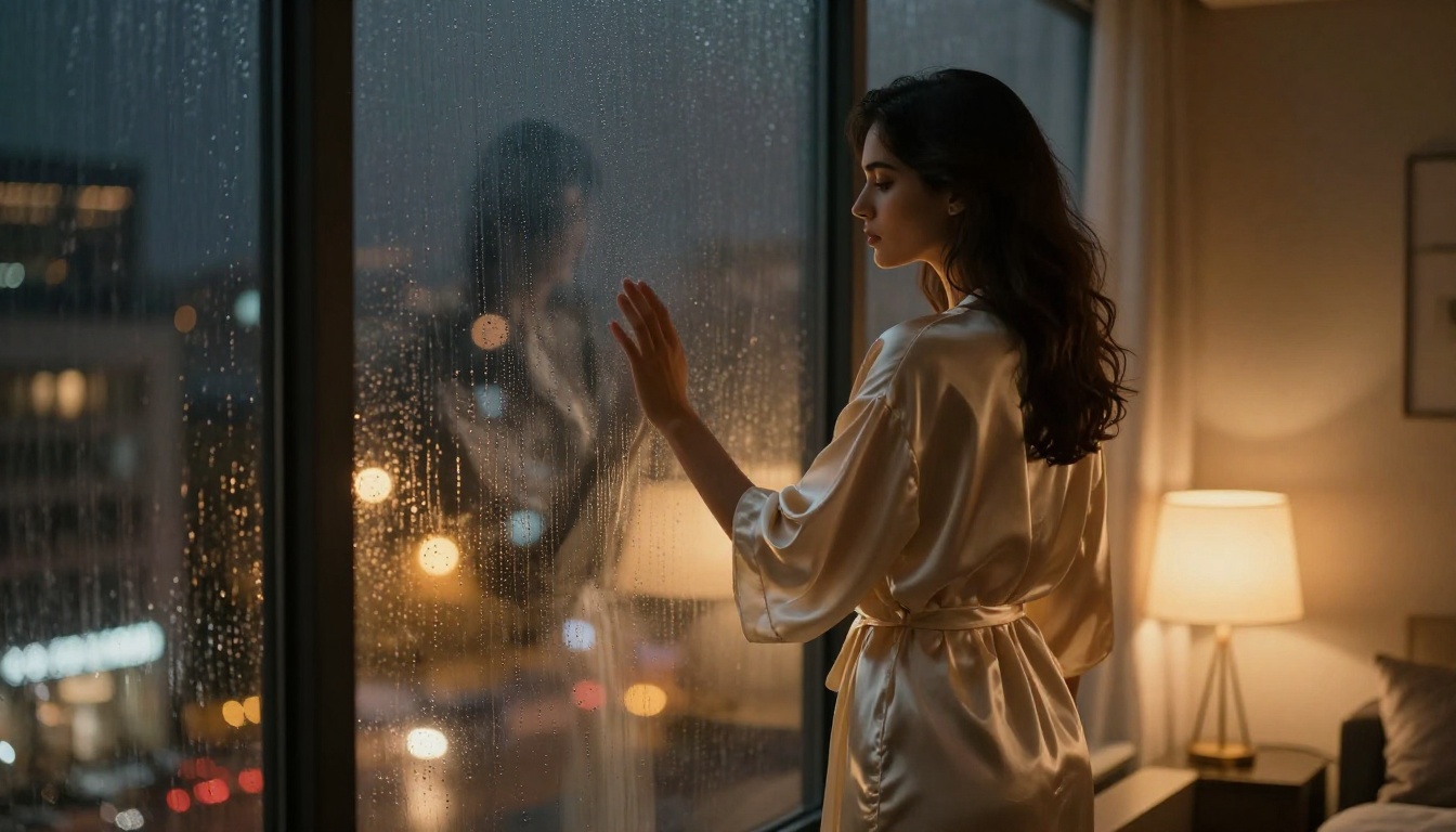 Elegant brunette woman in a flowing ivory silk robe standing at a rain-soaked floor-to-ceiling window at midnight with city light bokeh Elegant brunette woman in a flowing ivory silk robe standing at a rain-soaked floor-to-ceiling window at midnight with city light bokeh