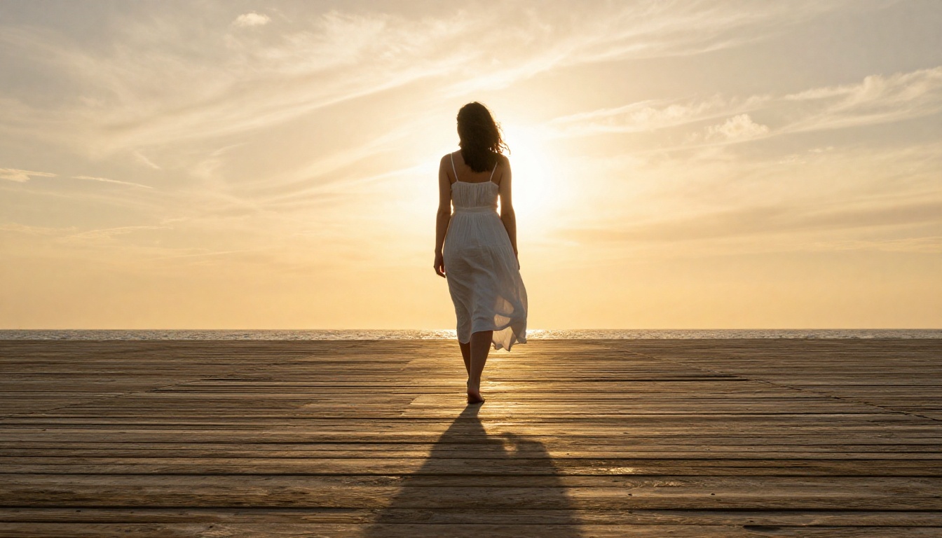 Low-angle ground-level photorealistic shot of a woman in a white linen summer dress walking on a sun-bleached boardwalk at golden hour Low-angle ground-level photorealistic shot of a woman in a white linen summer dress walking on a sun-bleached boardwalk at golden hour