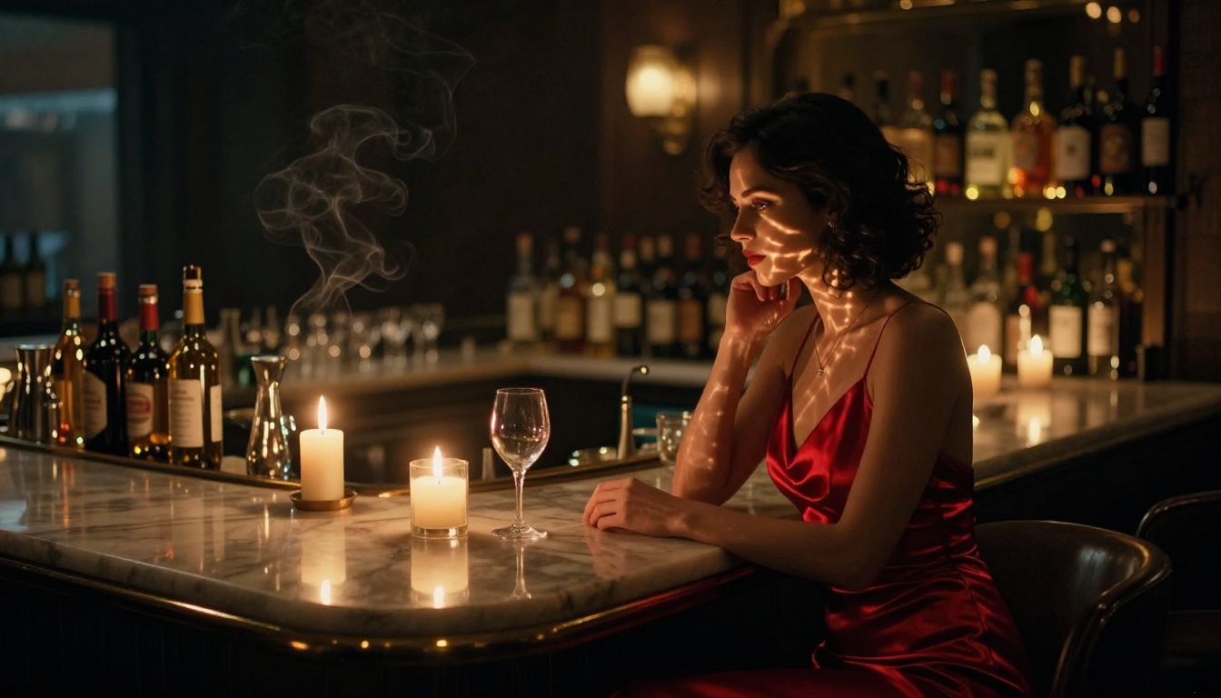 Photorealistic wide-angle shot of a woman in a deep red satin cocktail dress seated at a candlelit bar with warm amber highlights Photorealistic wide-angle shot of a woman in a deep red satin cocktail dress seated at a candlelit bar with warm amber highlights