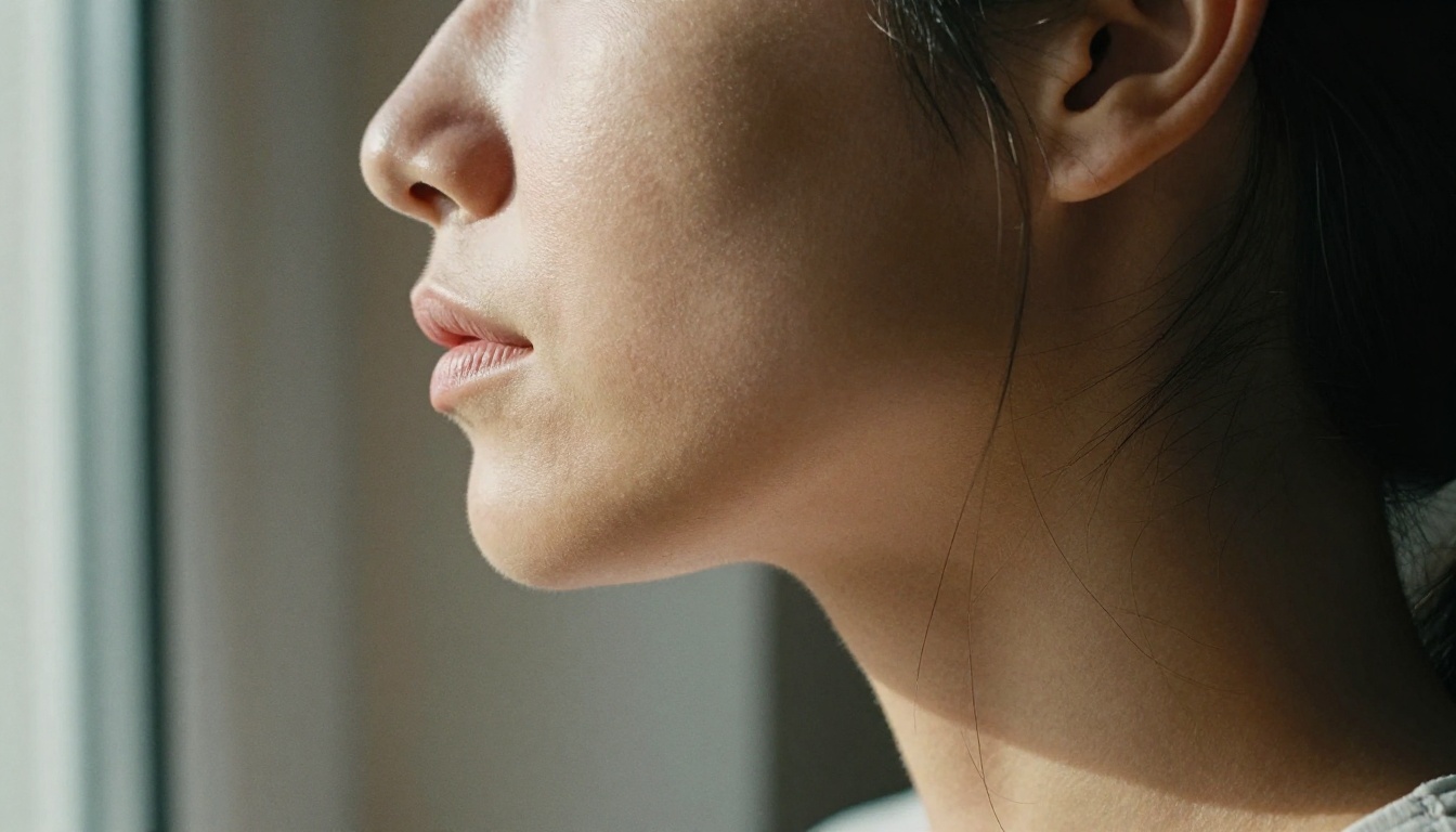Photorealistic side profile close-up of a woman's neck and jaw with visible skin texture and natural daylight specular highlights Photorealistic side profile close-up of a woman's neck and jaw with visible skin texture and natural daylight specular highlights