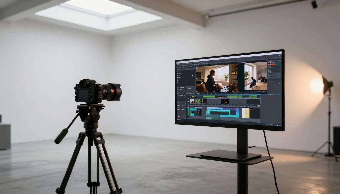 Photorealistic wide shot of a modern minimalist photography studio interior with professional monitor showing AI video timeline interface Photorealistic wide shot of a modern minimalist photography studio interior with professional monitor showing AI video timeline interface