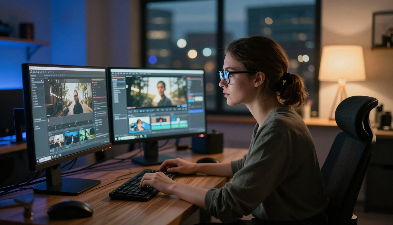 Content creator reviewing AI video outputs at a professional workstation Content creator reviewing AI video outputs at a professional workstation