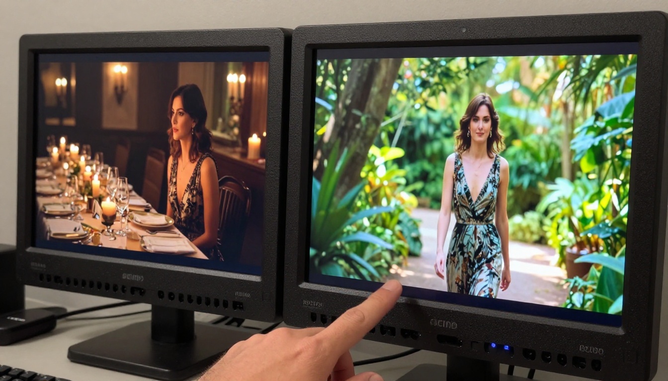 Professional production monitor displaying high-fidelity AI-generated video frame comparison Professional production monitor displaying high-fidelity AI-generated video frame comparison
