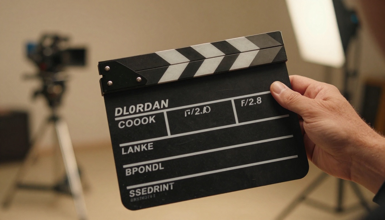 Filmmaker reviewing production stills on set Filmmaker reviewing production stills on set