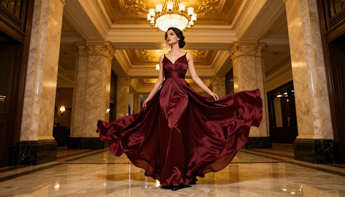 Elegant woman in burgundy silk gown in grand hotel lobby, dramatic low-angle composition Elegant woman in burgundy silk gown in grand hotel lobby, dramatic low-angle composition