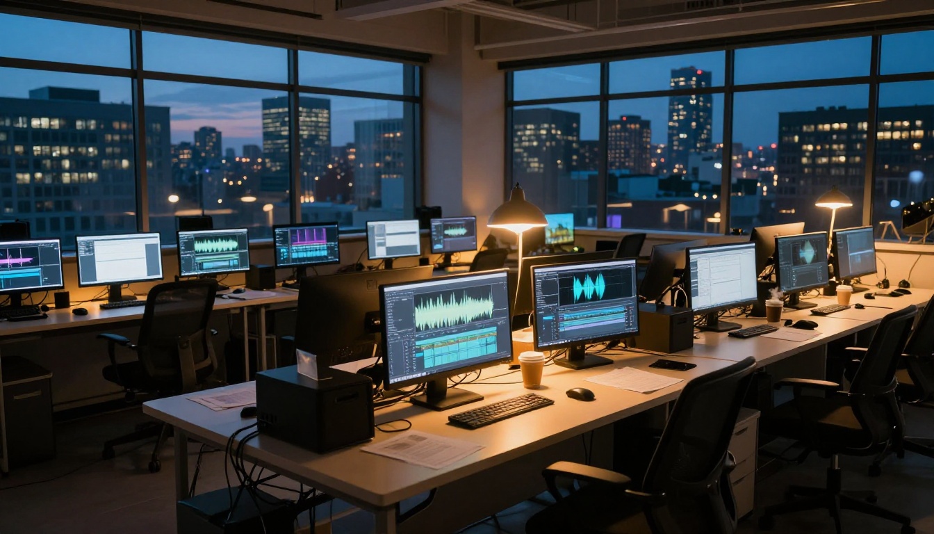 Professional AI video editing workspace at twilight with city view Professional AI video editing workspace at twilight with city view