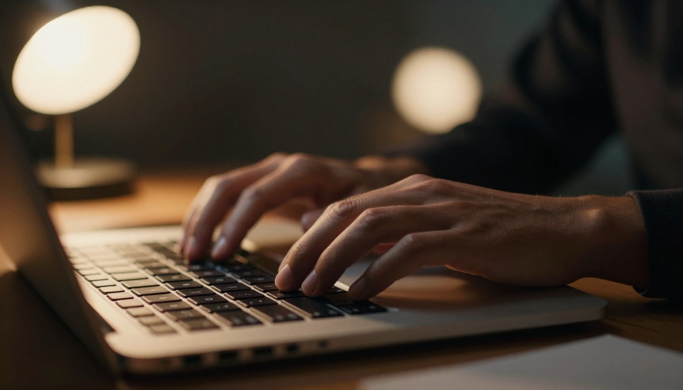Hands typing NSFW prompts on a laptop keyboard