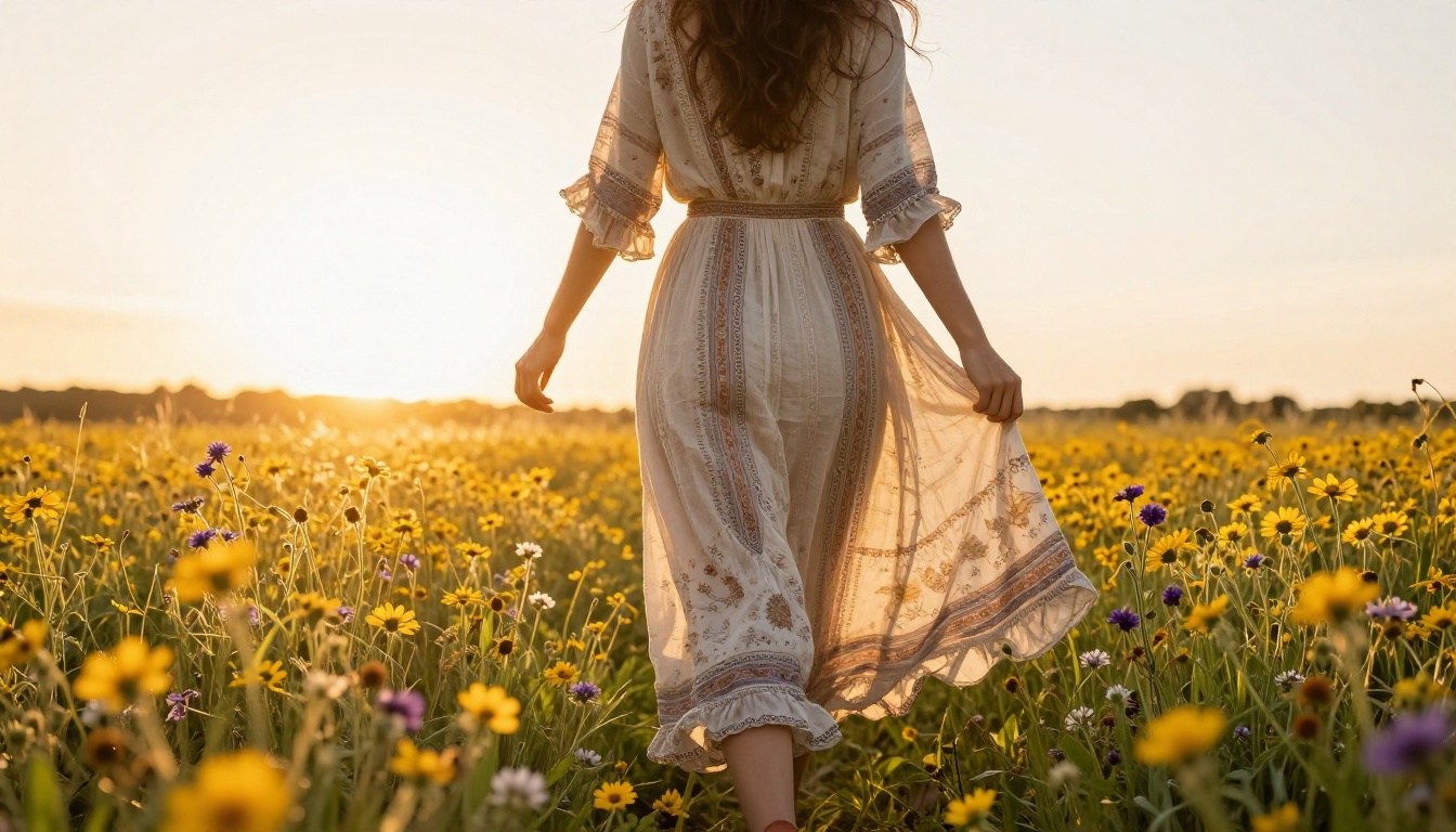Woman in flowing dress in wildflower field at golden hour