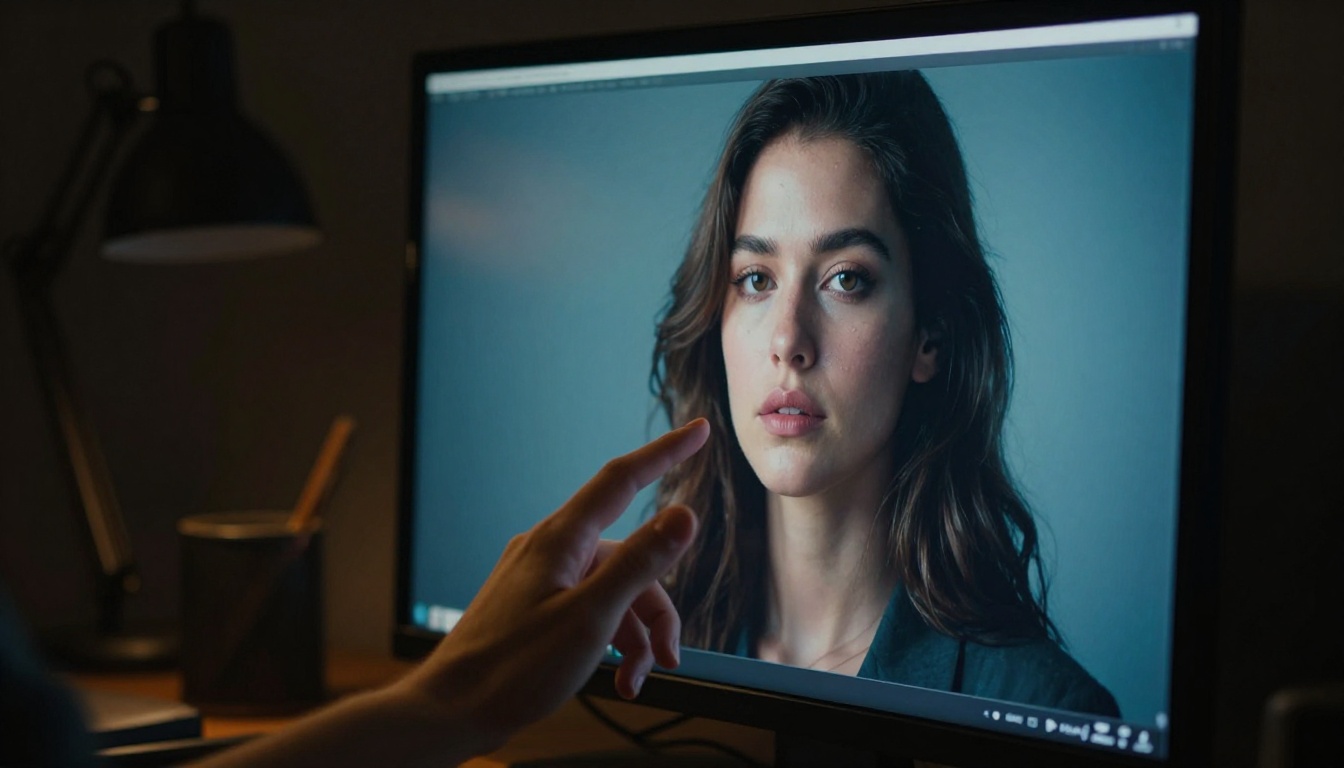 Computer screen displaying AI-generated photorealistic portrait