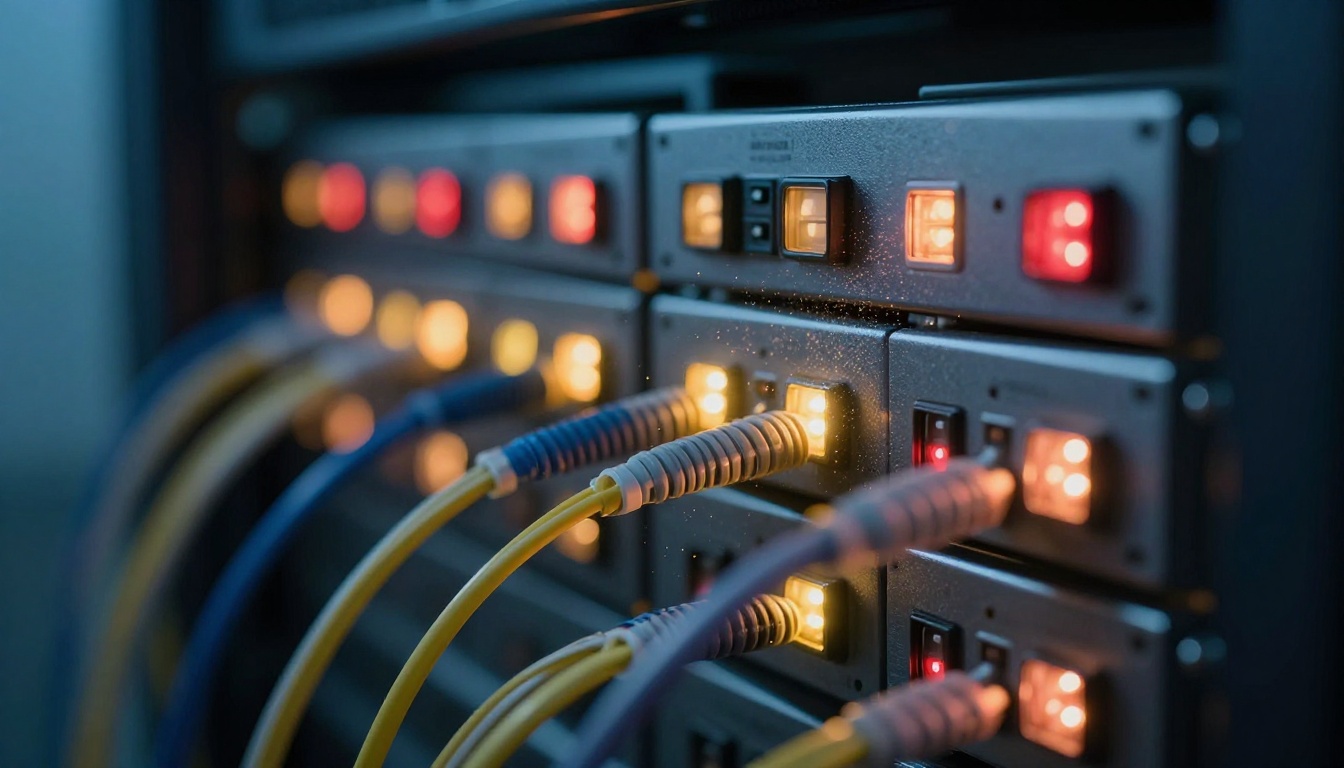 Server rack infrastructure in a dark data center, blue and amber LED light, photorealistic metal textures
