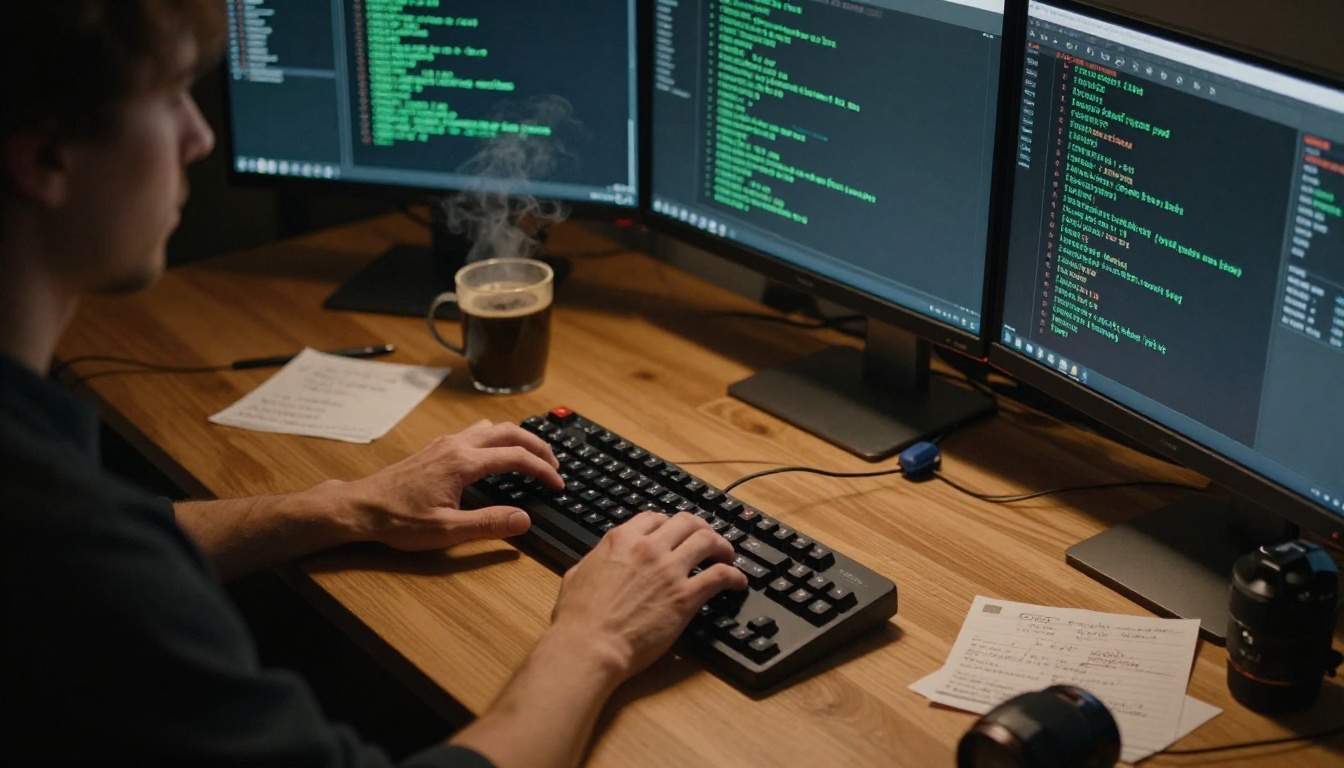 A developer's hands typing code on a mechanical keyboard in a dark home studio, single warm desk lamp creating directional shadows