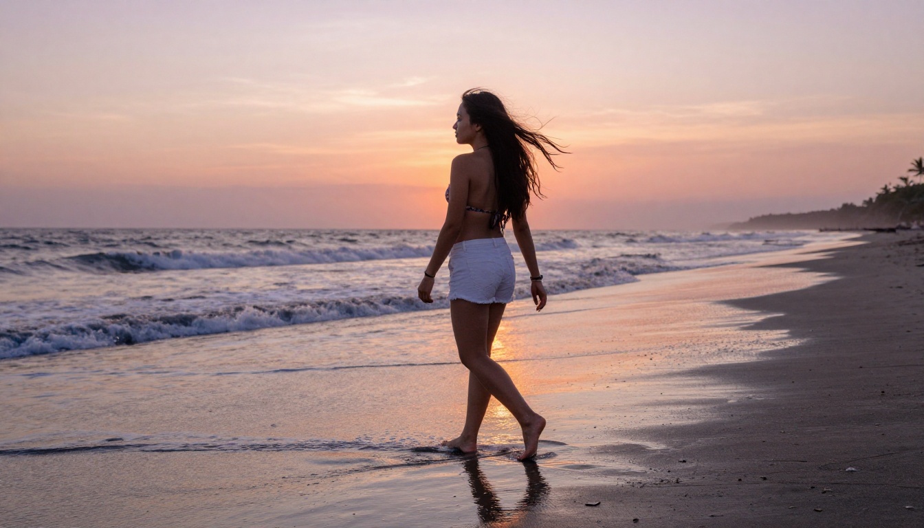 A young woman in a floral bikini top walks along a Bali beach at dawn, waves lapping at her feet, volumetric morning light