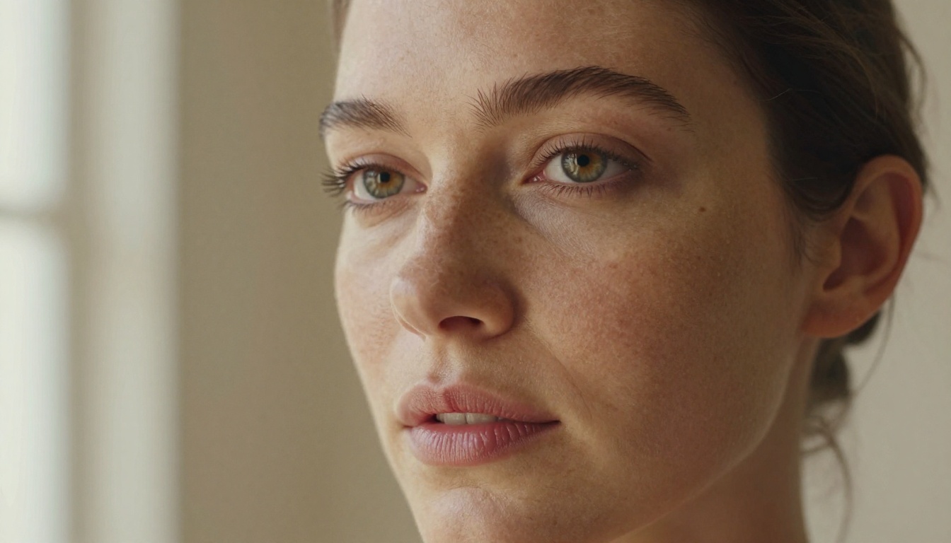 A close-up portrait of a woman with striking hazel eyes and freckled skin in soft natural window light, Hasselblad-style photography