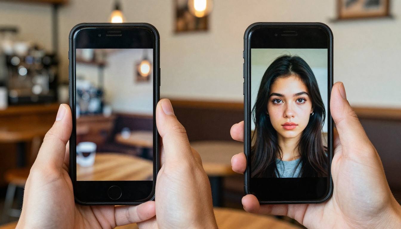 Two smartphones held in one hand showing AI image generation, one showing a censored image, one showing a vibrant photorealistic portrait