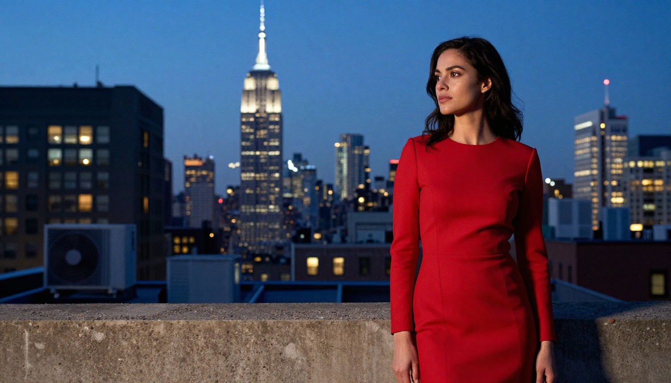 A woman in a fitted red dress stands on a Manhattan rooftop at dusk, the city skyline visible behind her in blue hour twilight