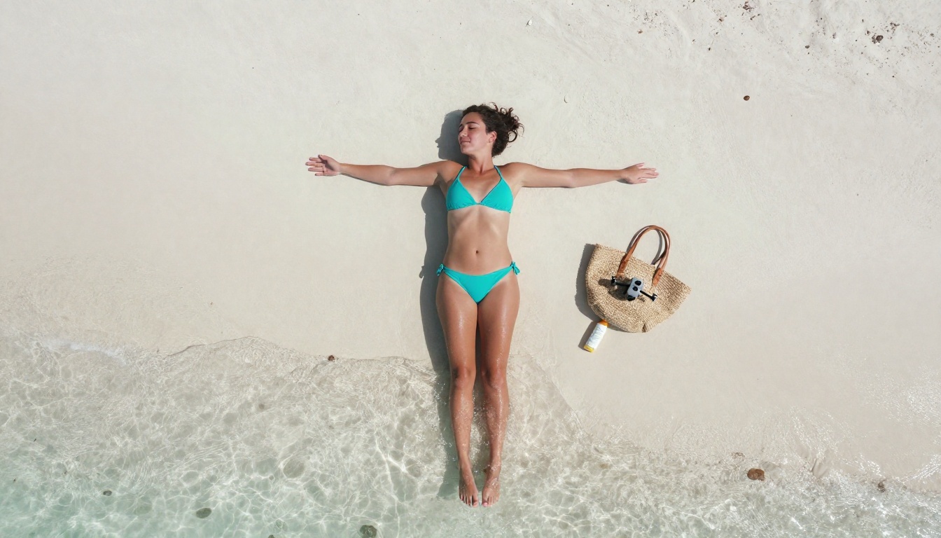 Aerial view of a woman in a turquoise bikini lying on white tropical sand, crystal clear shallow water at her feet, shot from directly above